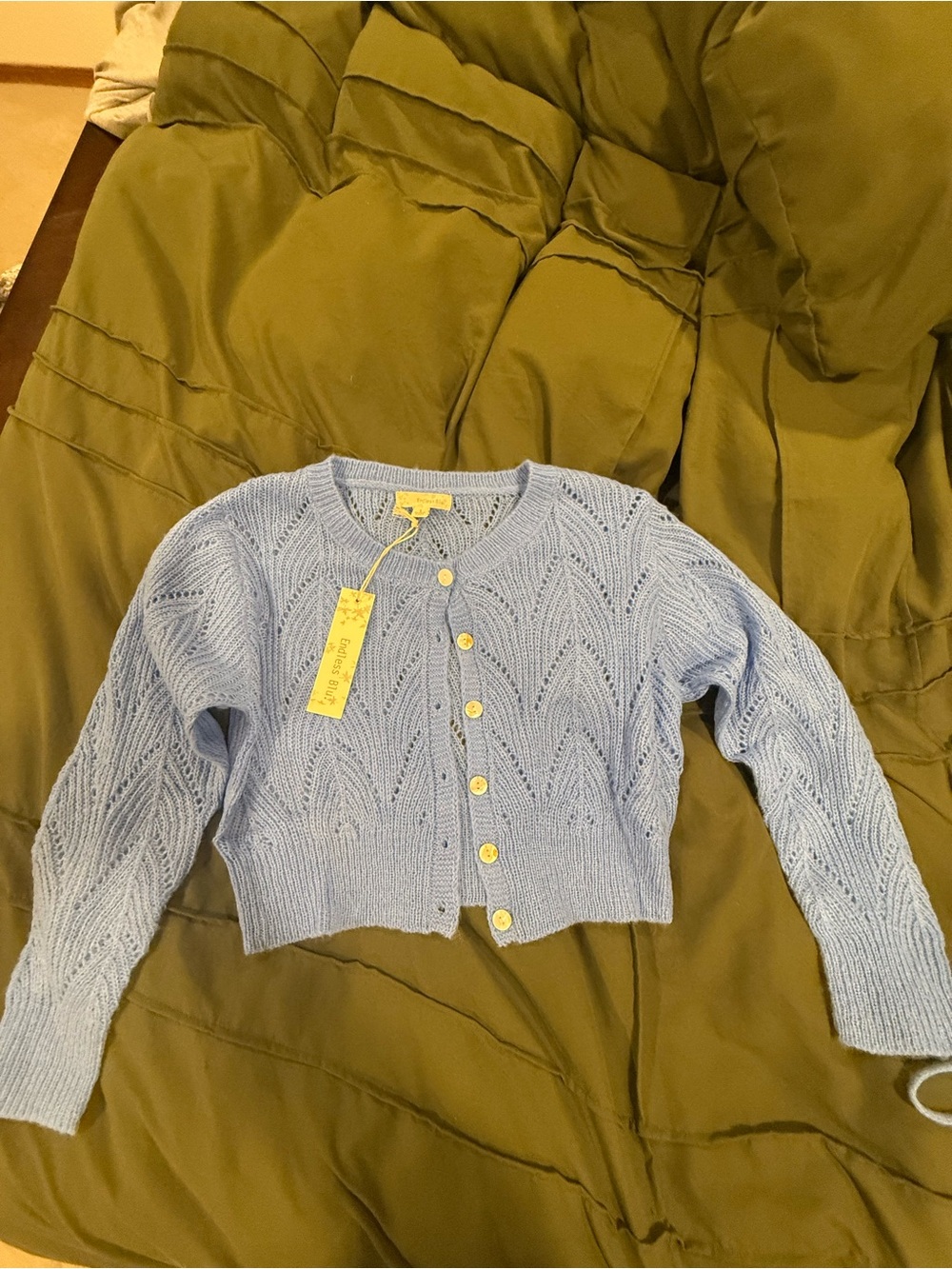 Cropped Light Blue Openwork Knit Cardigan